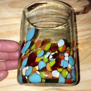 Fused Glass Multicolor Confetti Glass Candle Holder Or Tumbler 4” New